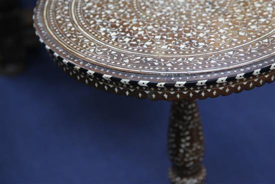 An early 20th century Indian ivory and bone inlaid circular tripod table, table W.1ft 8in.